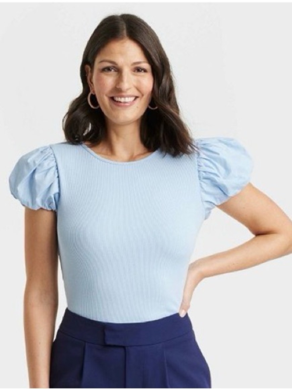 a .new day Light Blue Puff Sleeve Ribbed Tee